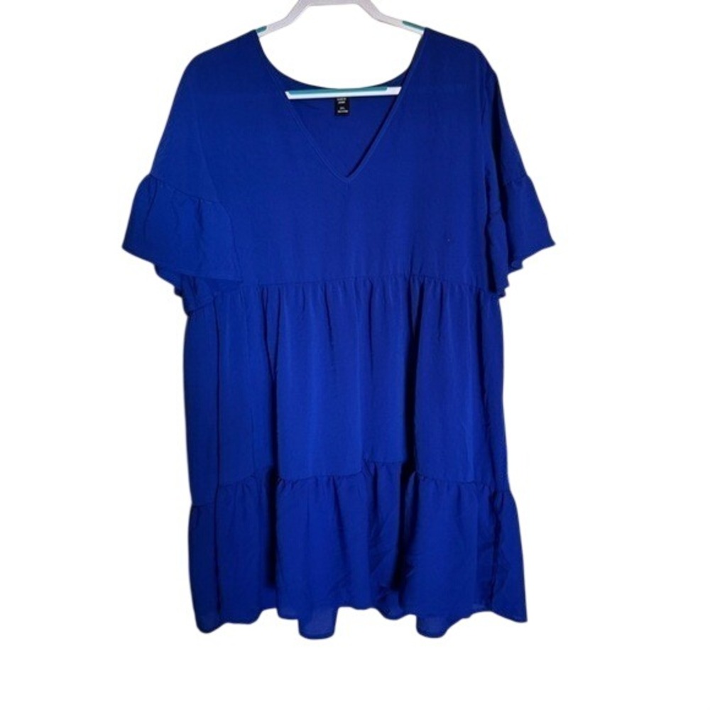 Shein Curve Royal Blue Tiered Babydoll Dress V-Neck Ruffle Sleeve 2XL‎ Plus Size